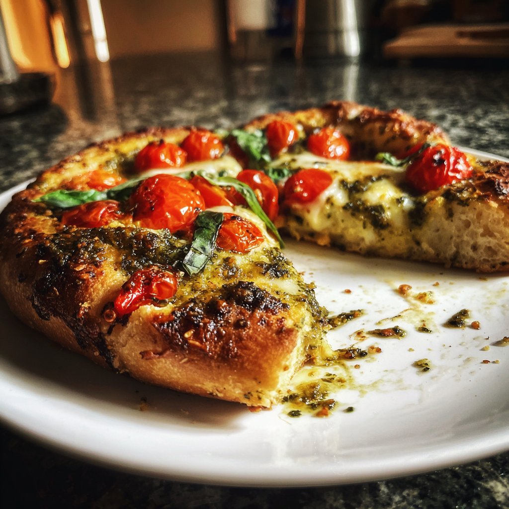 Pizza mit Pesto und Kirschtomaten