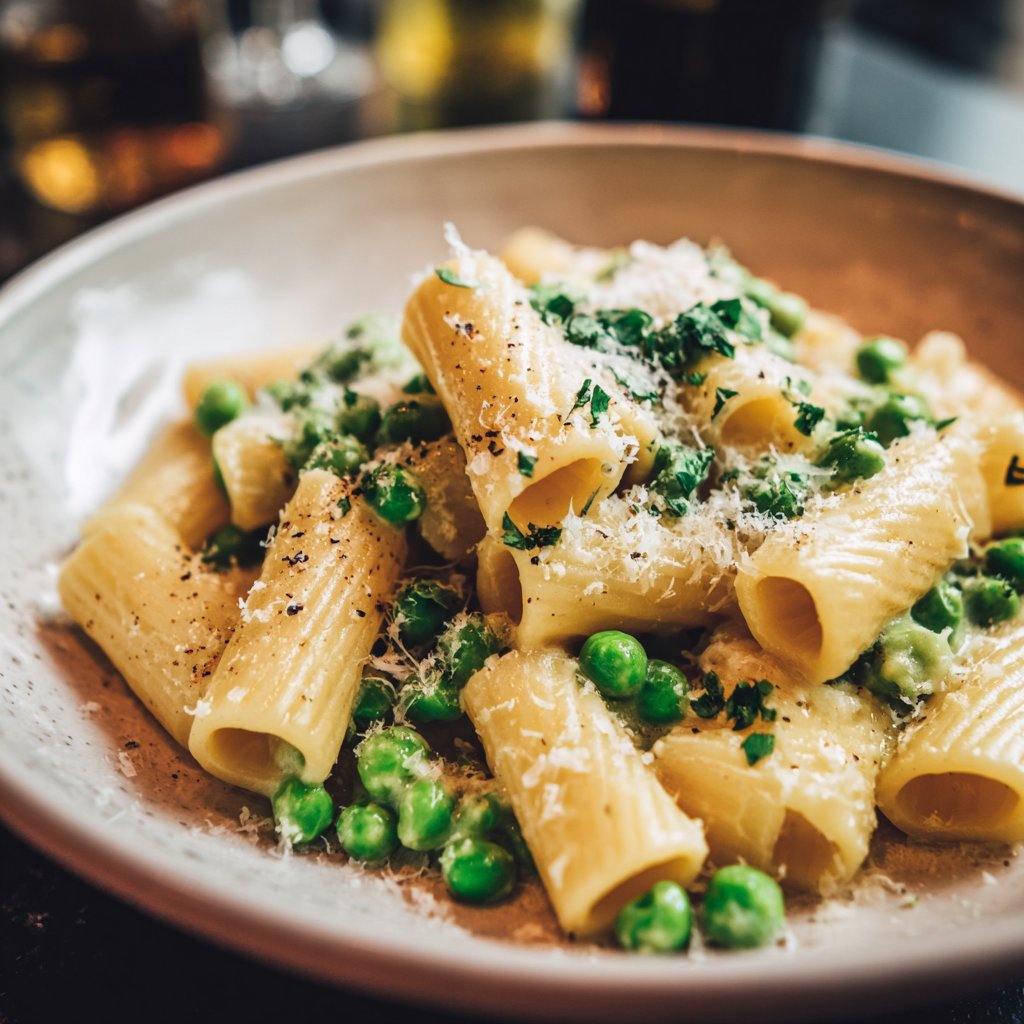 Rigatoni mit Erbsen und Parmesan