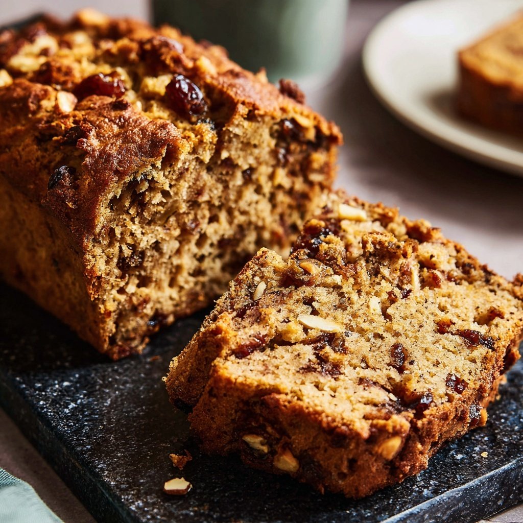 Bananenbrot mit Mandelmus und Datteln